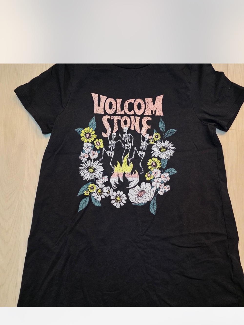 Volcom Black Graphic Tee with Pink Logo & Floral Print